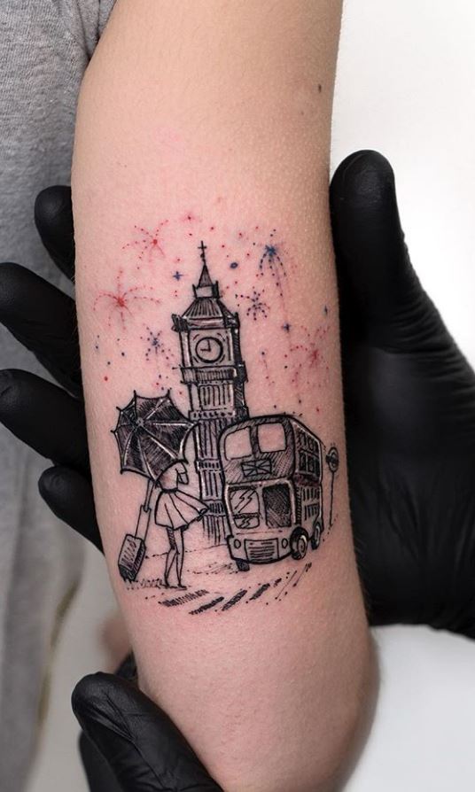 Iron Shoe Tattoo - Big Ben the London eye and fireworks in black and grey  by Darren. | Facebook